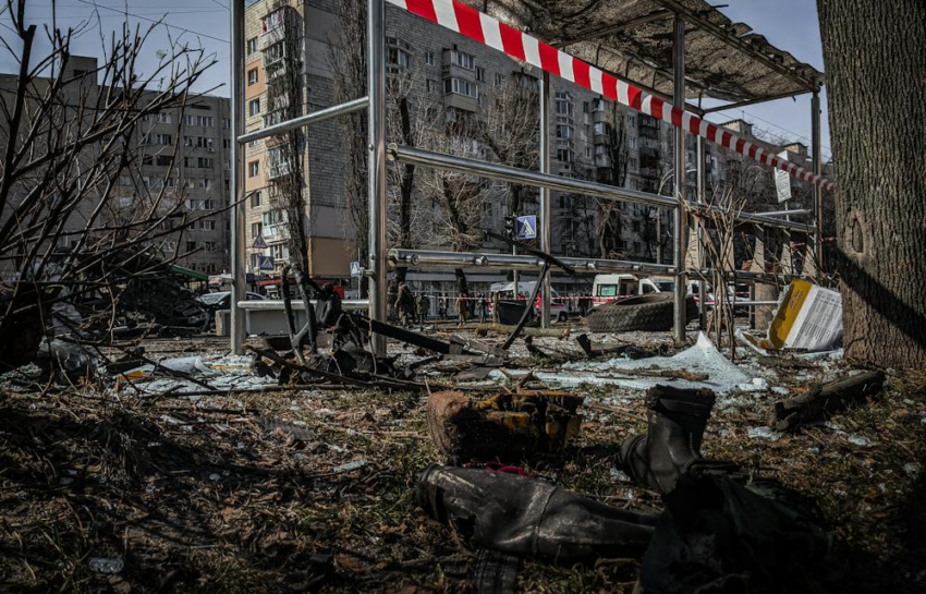 A Bus Stop in Kyiv Destroyed by Heavy Bombing During Russia’s Invasion of Ukraine, a Global Issue