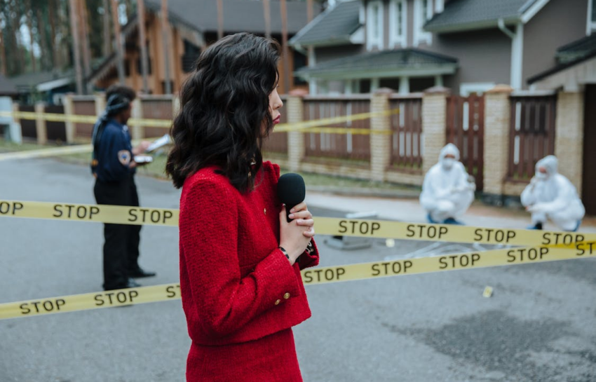 A woman in a red skirt suit holds a mic in front of a house beside an orange van reading “BREAKING NEWS,” highlighting how human-interest stories can arise from breaking news as well.